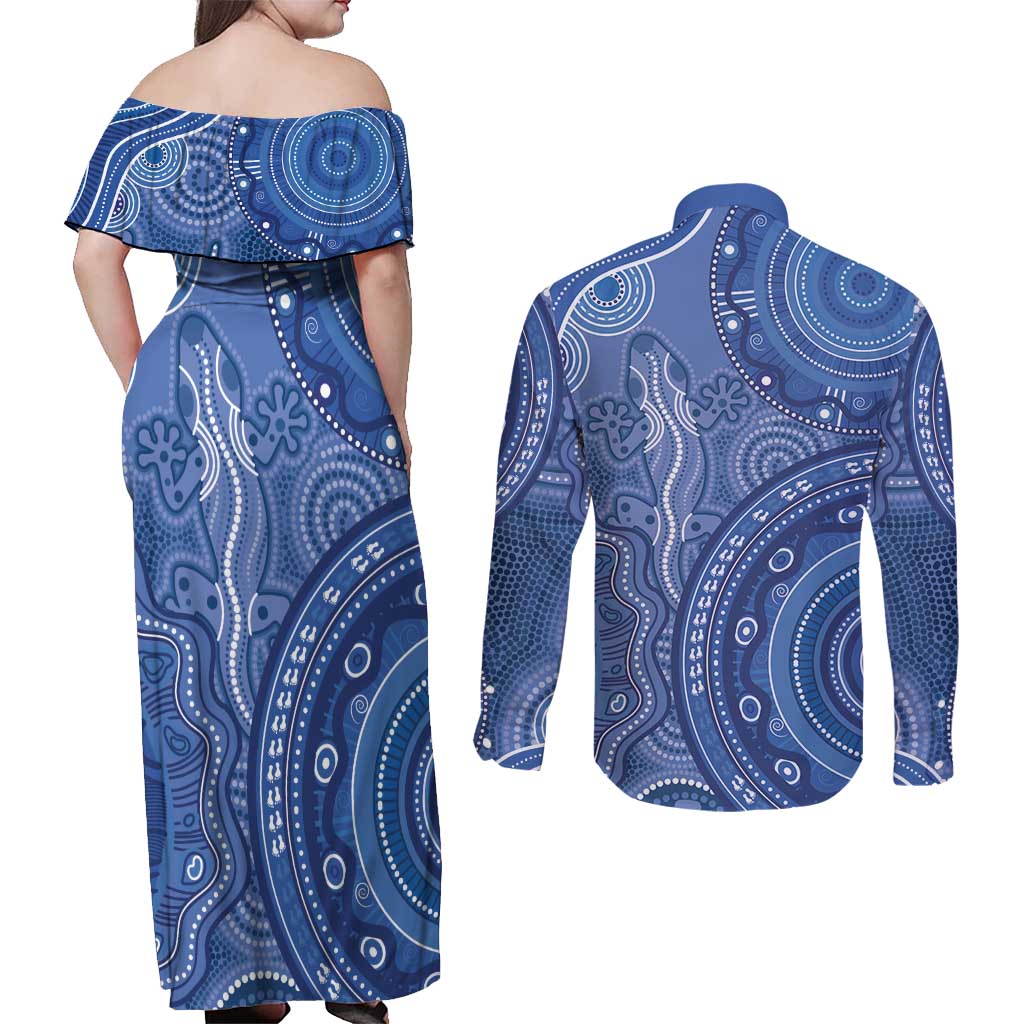 Australia Autism Awareness Couples Matching Off Shoulder Maxi Dress and Long Sleeve Button Shirt Aboriginal Lizard Dot Painting