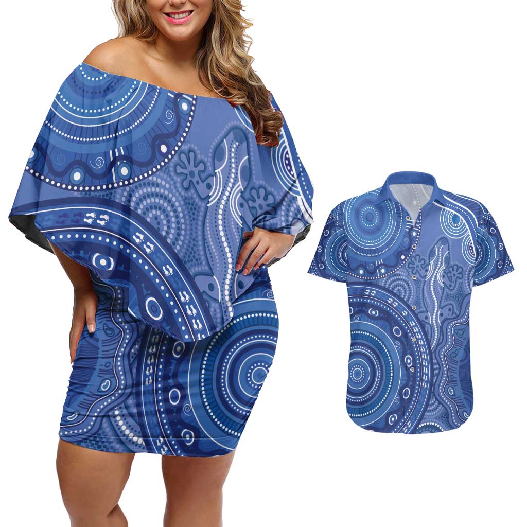 Australia Autism Awareness Couples Matching Off Shoulder Short Dress and Hawaiian Shirt Aboriginal Lizard Dot Painting