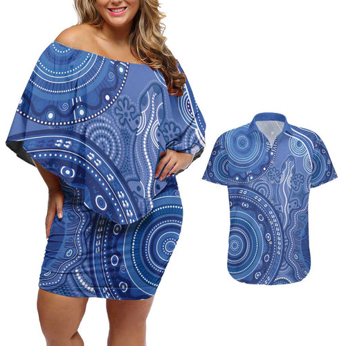 Australia Autism Awareness Couples Matching Off Shoulder Short Dress and Hawaiian Shirt Aboriginal Lizard Dot Painting