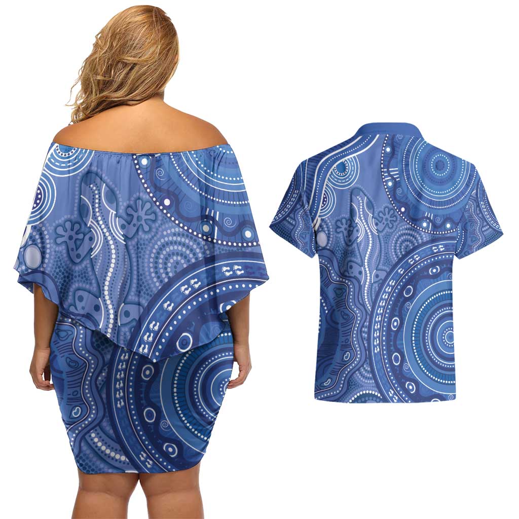 Australia Autism Awareness Couples Matching Off Shoulder Short Dress and Hawaiian Shirt Aboriginal Lizard Dot Painting