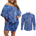 Australia Autism Awareness Couples Matching Off Shoulder Short Dress and Long Sleeve Button Shirt Aboriginal Lizard Dot Painting