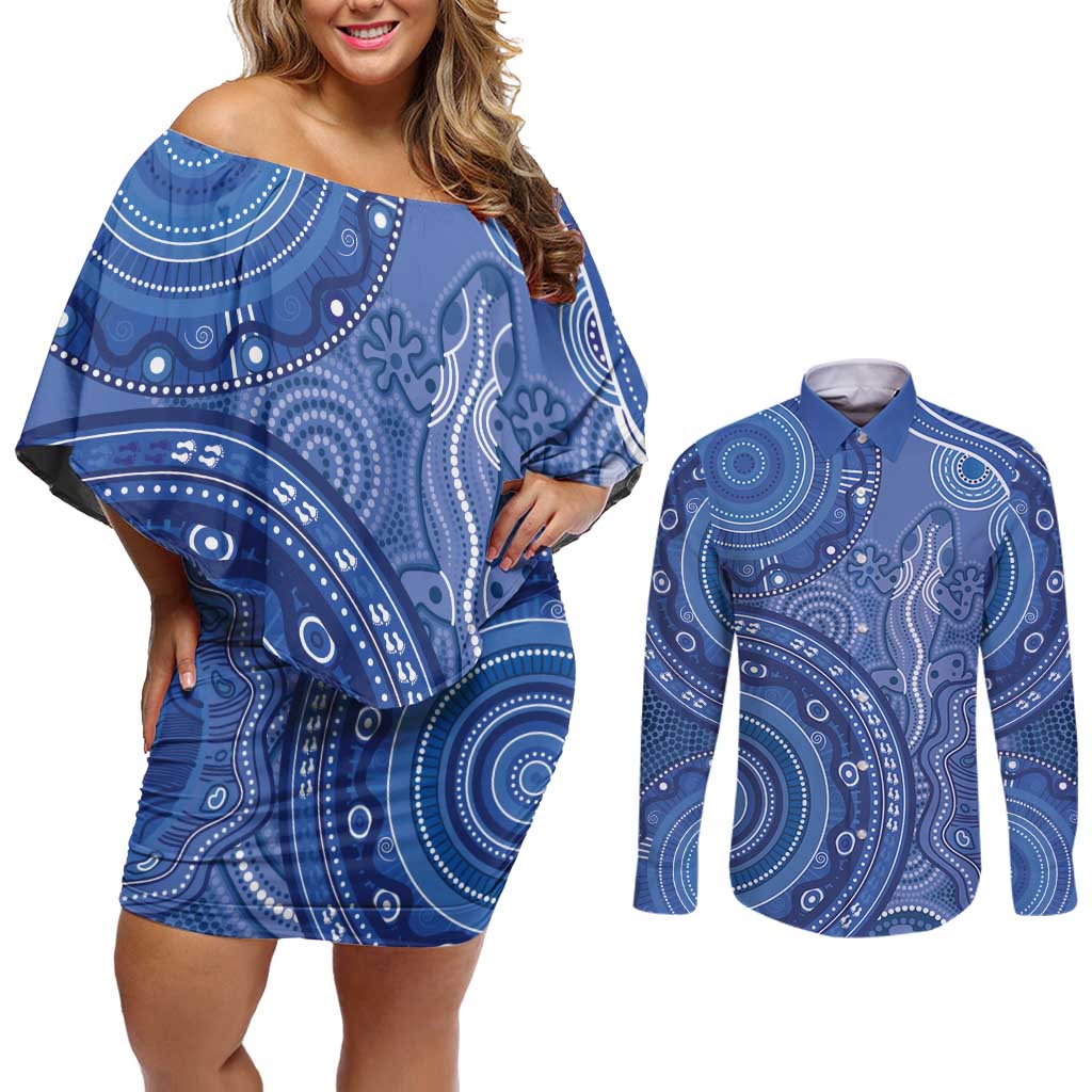 Australia Autism Awareness Couples Matching Off Shoulder Short Dress and Long Sleeve Button Shirt Aboriginal Lizard Dot Painting