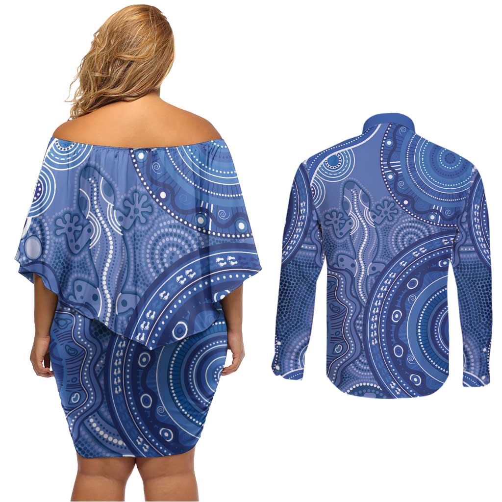 Australia Autism Awareness Couples Matching Off Shoulder Short Dress and Long Sleeve Button Shirt Aboriginal Lizard Dot Painting
