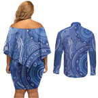 Australia Autism Awareness Couples Matching Off Shoulder Short Dress and Long Sleeve Button Shirt Aboriginal Lizard Dot Painting