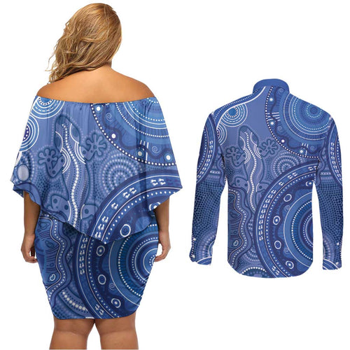 Australia Autism Awareness Couples Matching Off Shoulder Short Dress and Long Sleeve Button Shirt Aboriginal Lizard Dot Painting