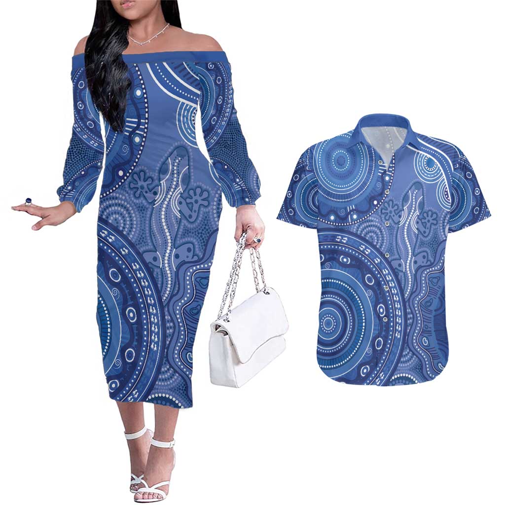 Australia Autism Awareness Couples Matching Off The Shoulder Long Sleeve Dress and Hawaiian Shirt Aboriginal Lizard Dot Painting