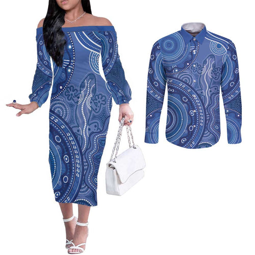 Australia Autism Awareness Couples Matching Off The Shoulder Long Sleeve Dress and Long Sleeve Button Shirt Aboriginal Lizard Dot Painting