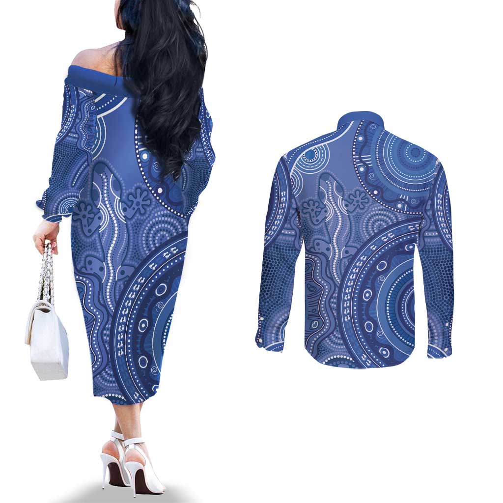 Australia Autism Awareness Couples Matching Off The Shoulder Long Sleeve Dress and Long Sleeve Button Shirt Aboriginal Lizard Dot Painting