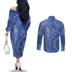Australia Autism Awareness Couples Matching Off The Shoulder Long Sleeve Dress and Long Sleeve Button Shirt Aboriginal Lizard Dot Painting