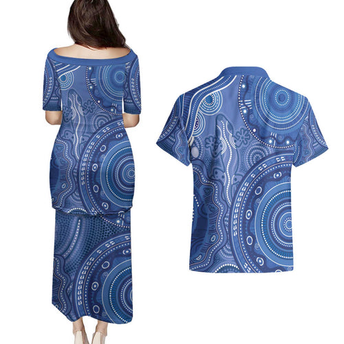 Australia Autism Awareness Couples Matching Puletasi and Hawaiian Shirt Aboriginal Lizard Dot Painting