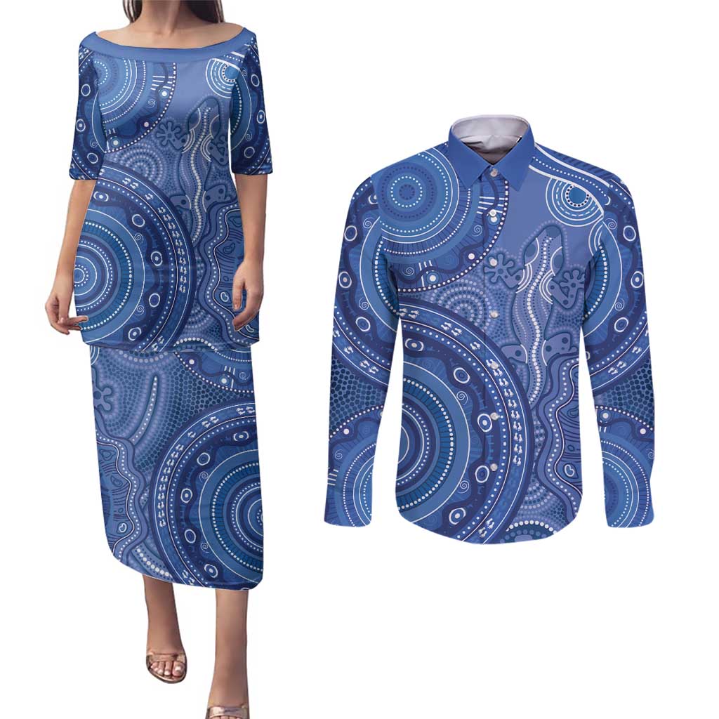 Australia Autism Awareness Couples Matching Puletasi and Long Sleeve Button Shirt Aboriginal Lizard Dot Painting