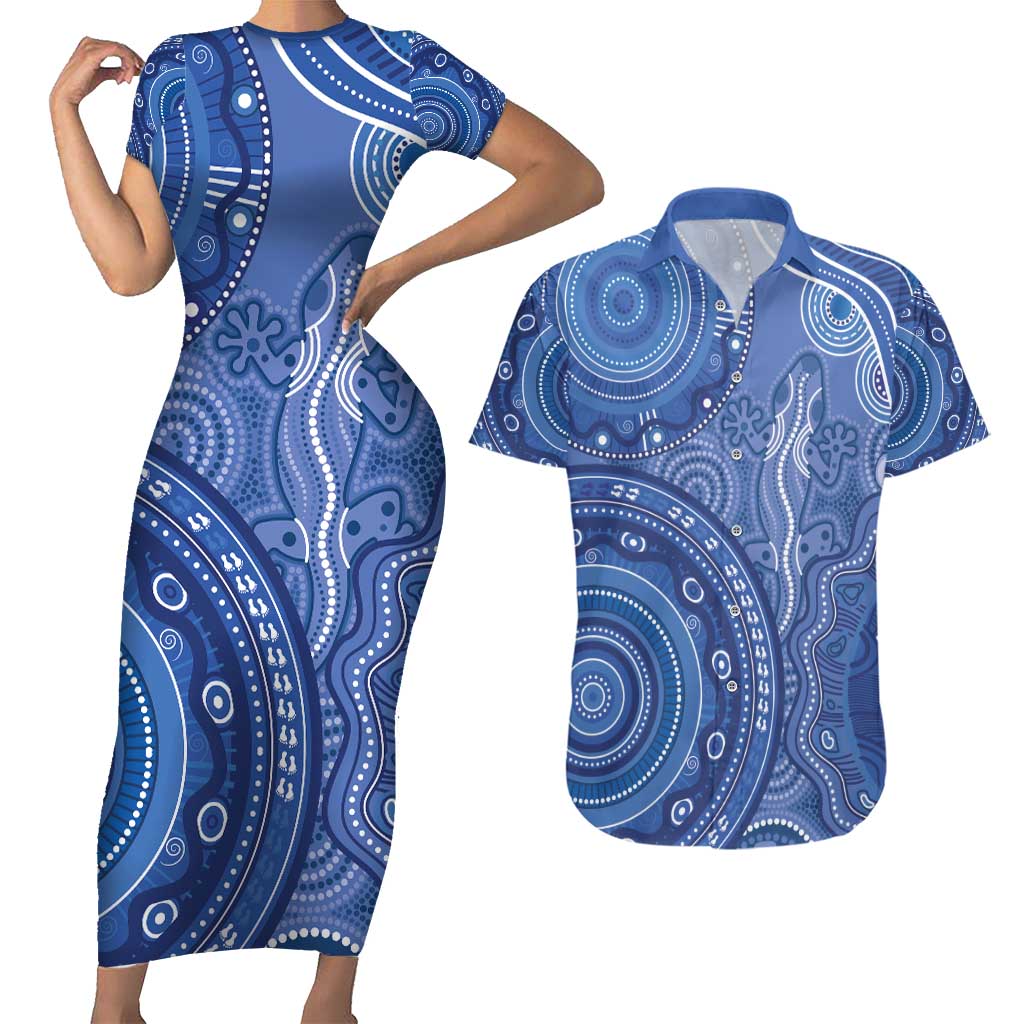Australia Autism Awareness Couples Matching Short Sleeve Bodycon Dress and Hawaiian Shirt Aboriginal Lizard Dot Painting