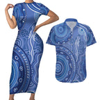 Australia Autism Awareness Couples Matching Short Sleeve Bodycon Dress and Hawaiian Shirt Aboriginal Lizard Dot Painting