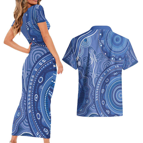 Australia Autism Awareness Couples Matching Short Sleeve Bodycon Dress and Hawaiian Shirt Aboriginal Lizard Dot Painting