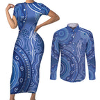 Australia Autism Awareness Couples Matching Short Sleeve Bodycon Dress and Long Sleeve Button Shirt Aboriginal Lizard Dot Painting