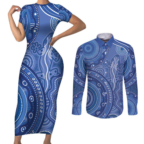 Australia Autism Awareness Couples Matching Short Sleeve Bodycon Dress and Long Sleeve Button Shirt Aboriginal Lizard Dot Painting