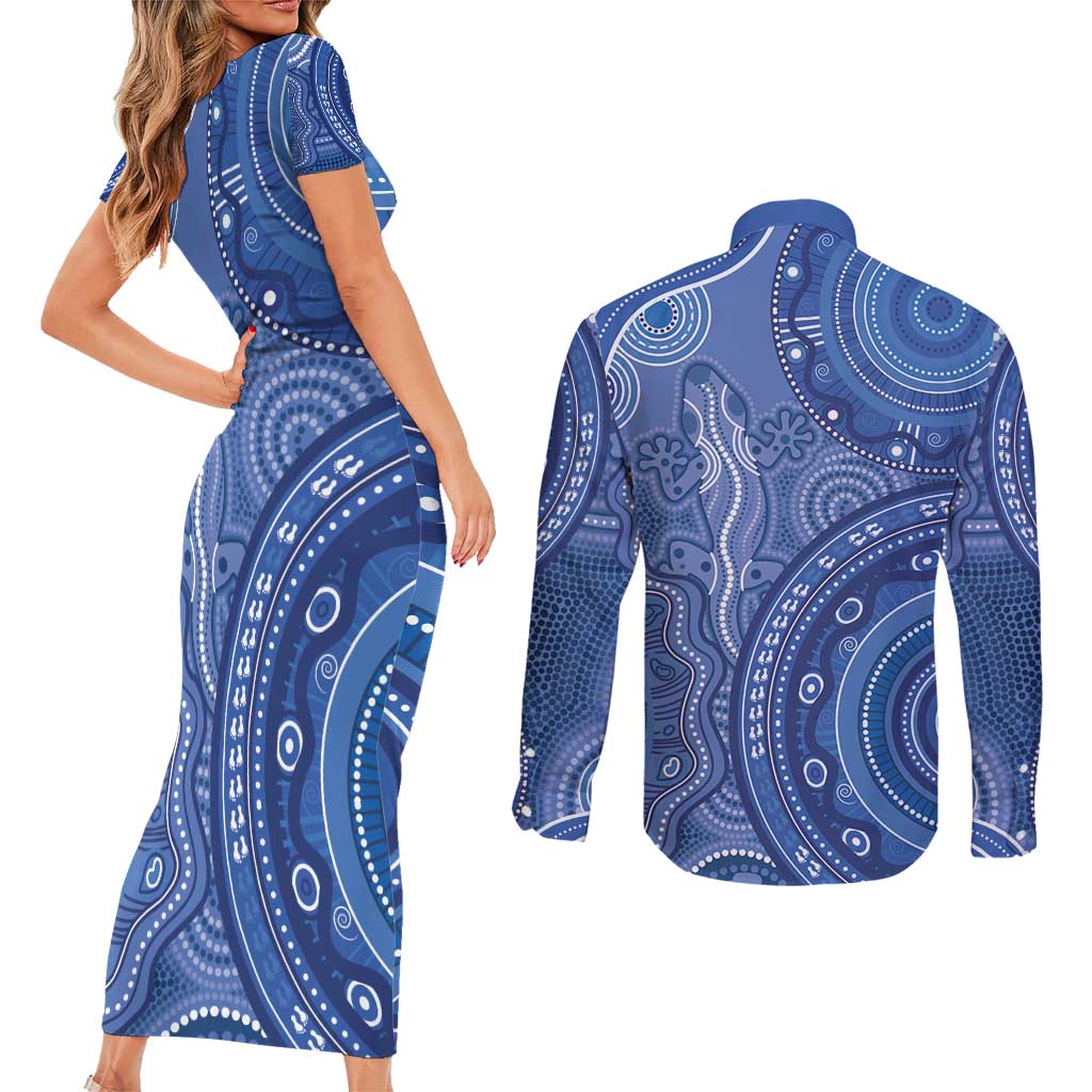 Australia Autism Awareness Couples Matching Short Sleeve Bodycon Dress and Long Sleeve Button Shirt Aboriginal Lizard Dot Painting