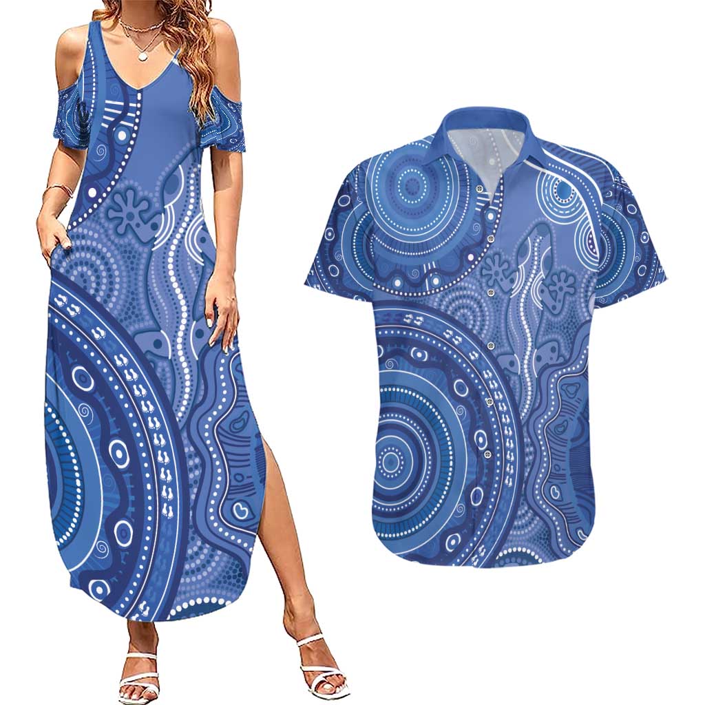 Australia Autism Awareness Couples Matching Summer Maxi Dress and Hawaiian Shirt Aboriginal Lizard Dot Painting