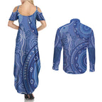 Australia Autism Awareness Couples Matching Summer Maxi Dress and Long Sleeve Button Shirt Aboriginal Lizard Dot Painting