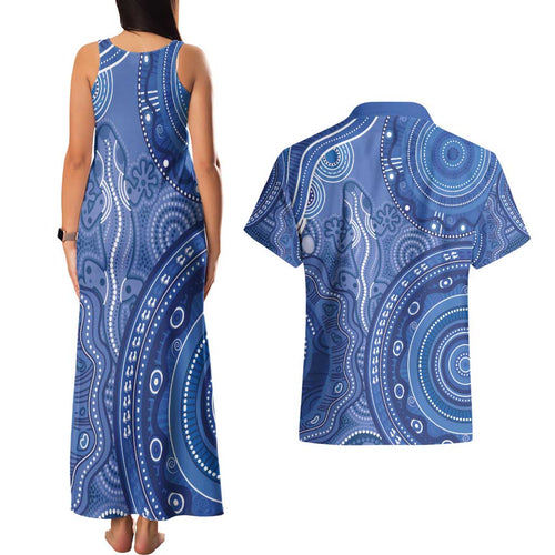 Australia Autism Awareness Couples Matching Tank Maxi Dress and Hawaiian Shirt Aboriginal Lizard Dot Painting