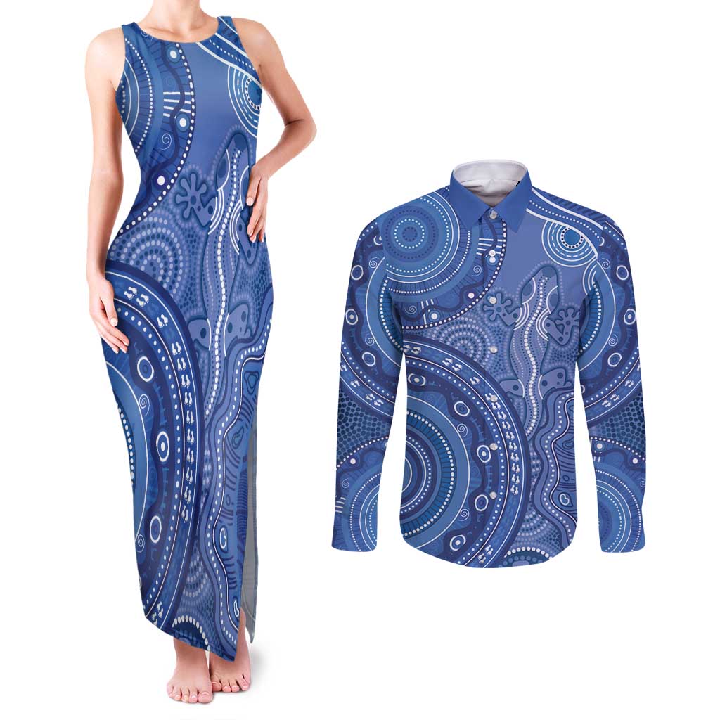 Australia Autism Awareness Couples Matching Tank Maxi Dress and Long Sleeve Button Shirt Aboriginal Lizard Dot Painting