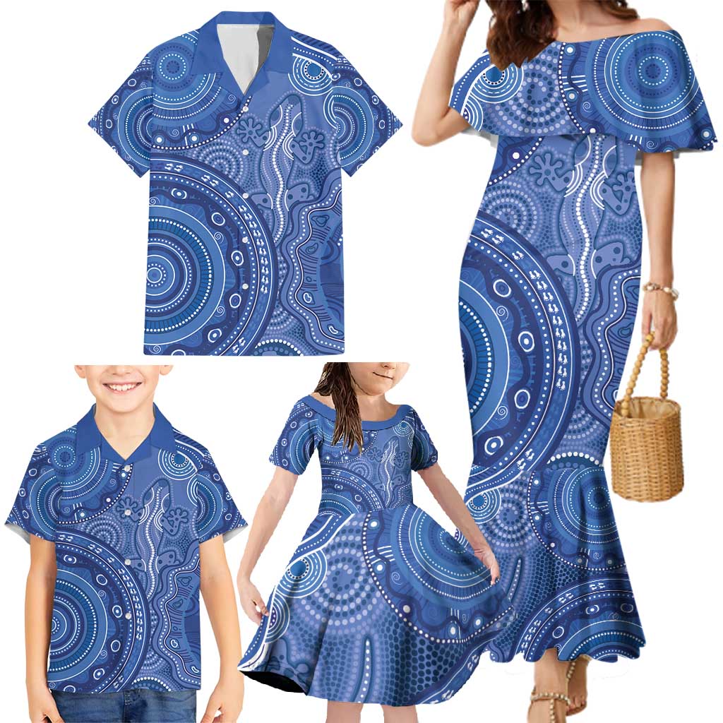 Australia Autism Awareness Family Matching Mermaid Dress and Hawaiian Shirt Aboriginal Lizard Dot Painting