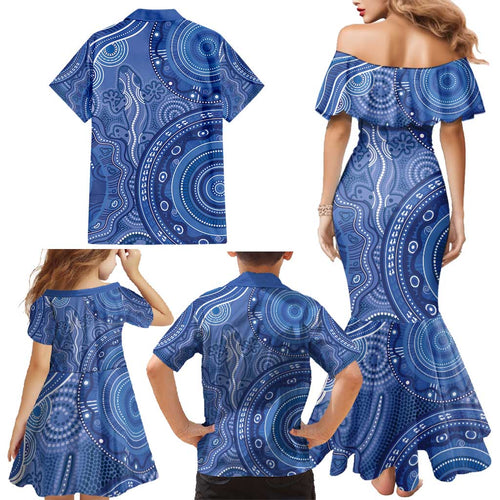 Australia Autism Awareness Family Matching Mermaid Dress and Hawaiian Shirt Aboriginal Lizard Dot Painting
