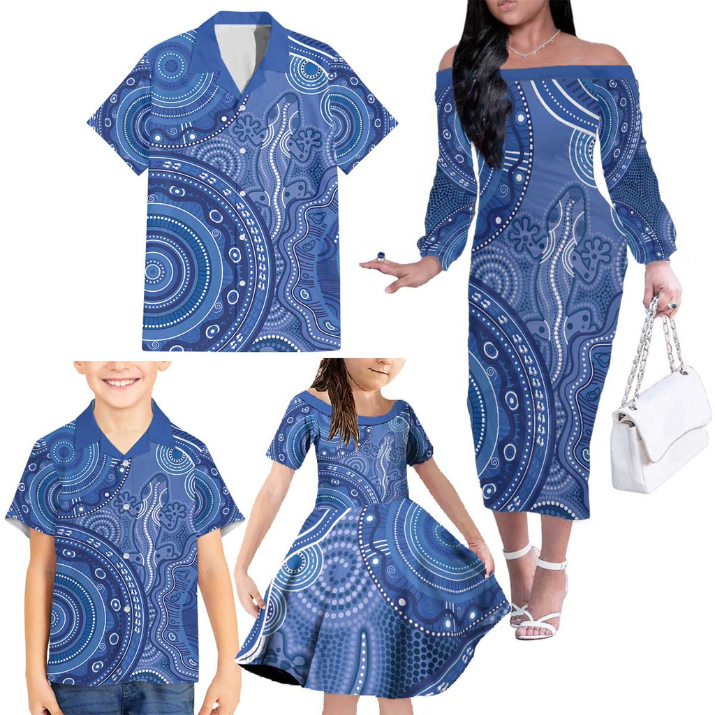 Australia Autism Awareness Family Matching Off The Shoulder Long Sleeve Dress and Hawaiian Shirt Aboriginal Lizard Dot Painting