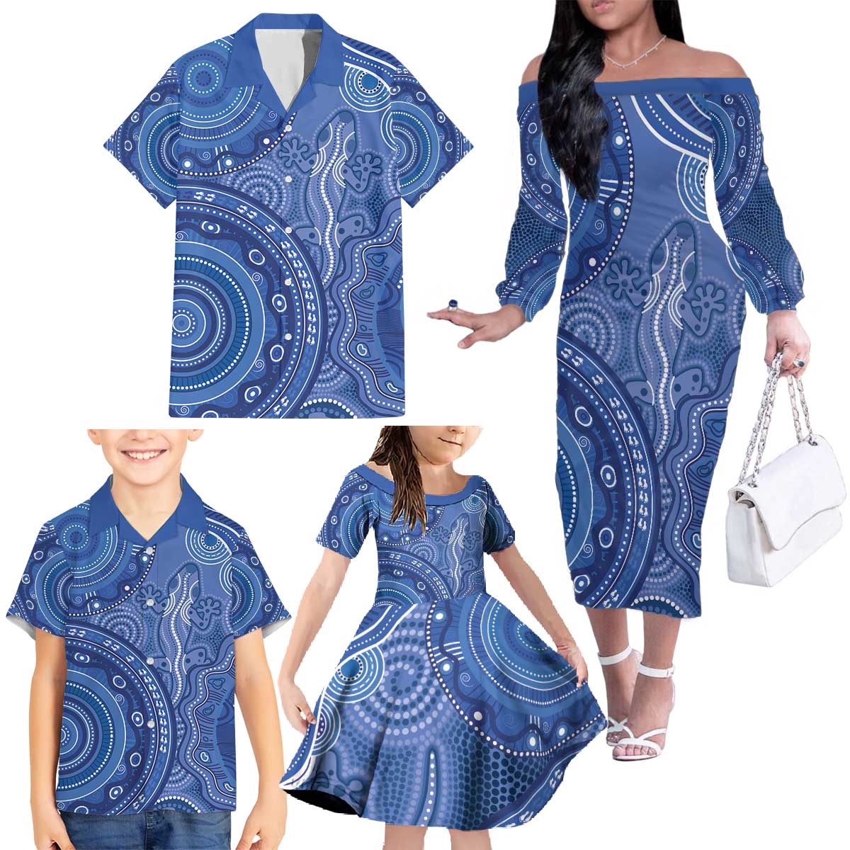 Australia Autism Awareness Family Matching Off The Shoulder Long Sleeve Dress and Hawaiian Shirt Aboriginal Lizard Dot Painting