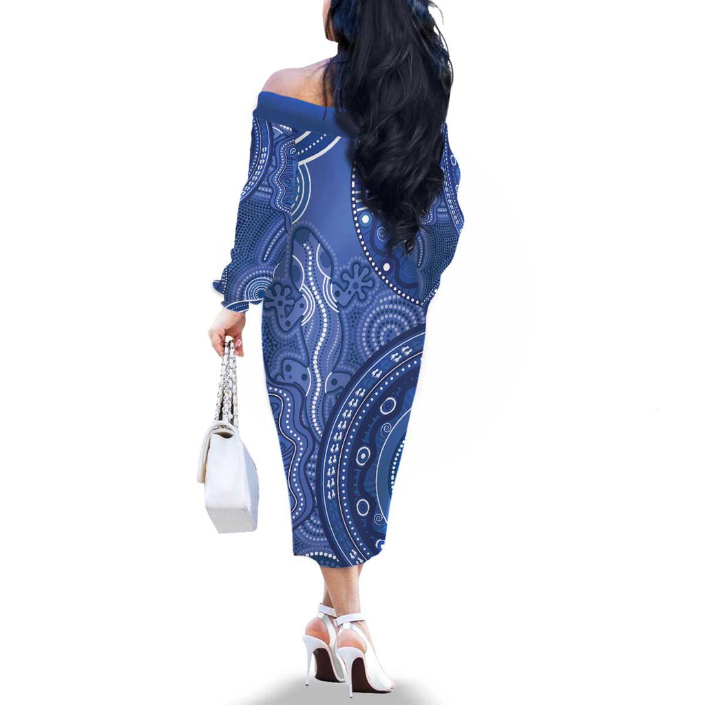 Australia Autism Awareness Family Matching Off The Shoulder Long Sleeve Dress and Hawaiian Shirt Aboriginal Lizard Dot Painting