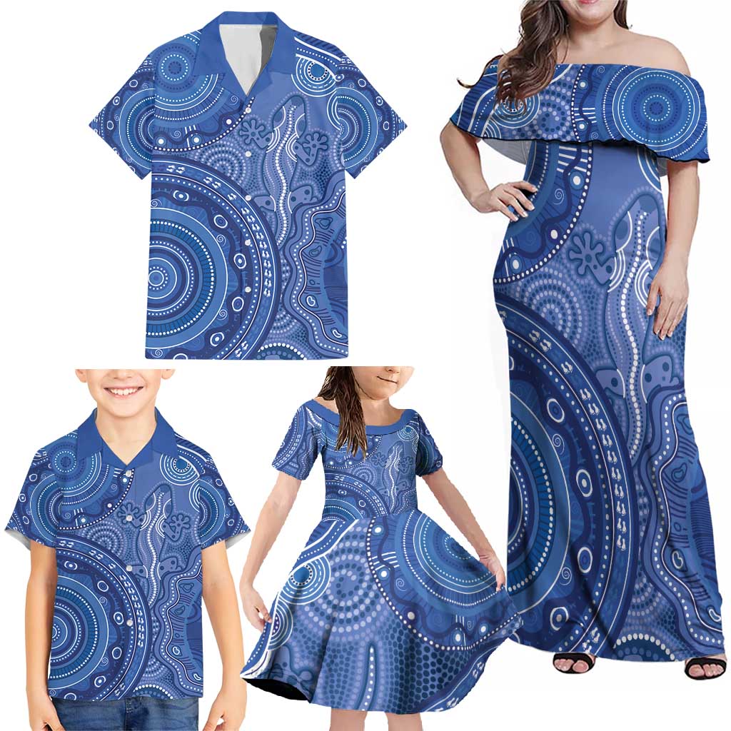 Australia Autism Awareness Family Matching Off Shoulder Maxi Dress and Hawaiian Shirt Aboriginal Lizard Dot Painting