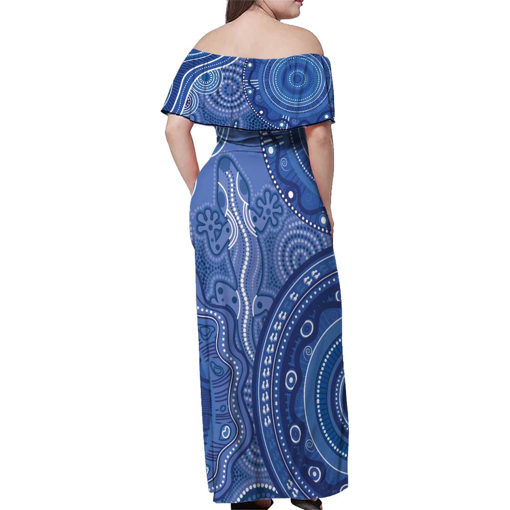 Australia Autism Awareness Family Matching Off Shoulder Maxi Dress and Hawaiian Shirt Aboriginal Lizard Dot Painting