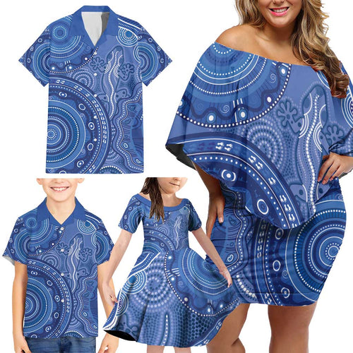 Australia Autism Awareness Family Matching Off Shoulder Short Dress and Hawaiian Shirt Aboriginal Lizard Dot Painting