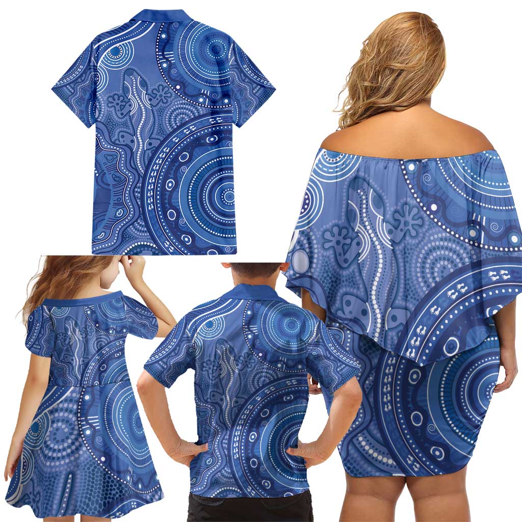 Australia Autism Awareness Family Matching Off Shoulder Short Dress and Hawaiian Shirt Aboriginal Lizard Dot Painting