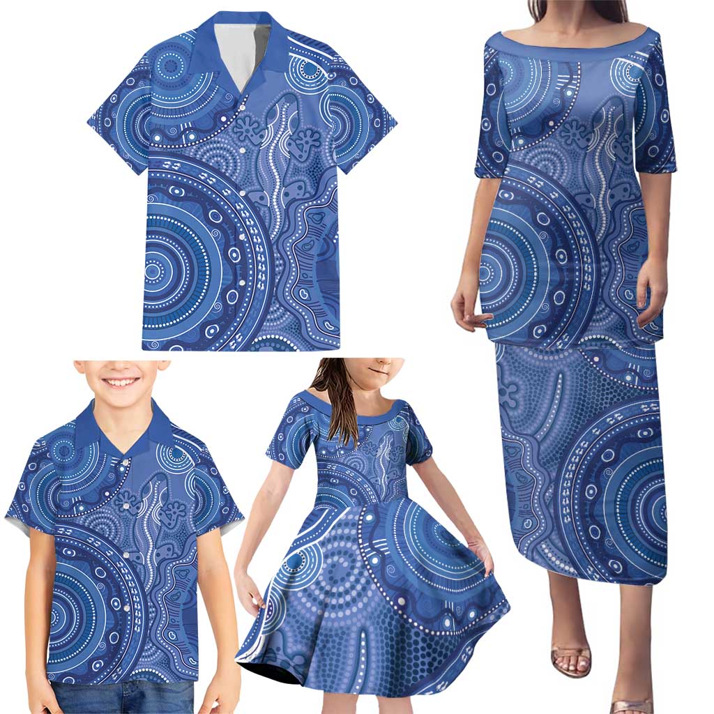 Australia Autism Awareness Family Matching Puletasi and Hawaiian Shirt Aboriginal Lizard Dot Painting