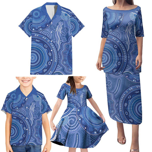 Australia Autism Awareness Family Matching Puletasi and Hawaiian Shirt Aboriginal Lizard Dot Painting