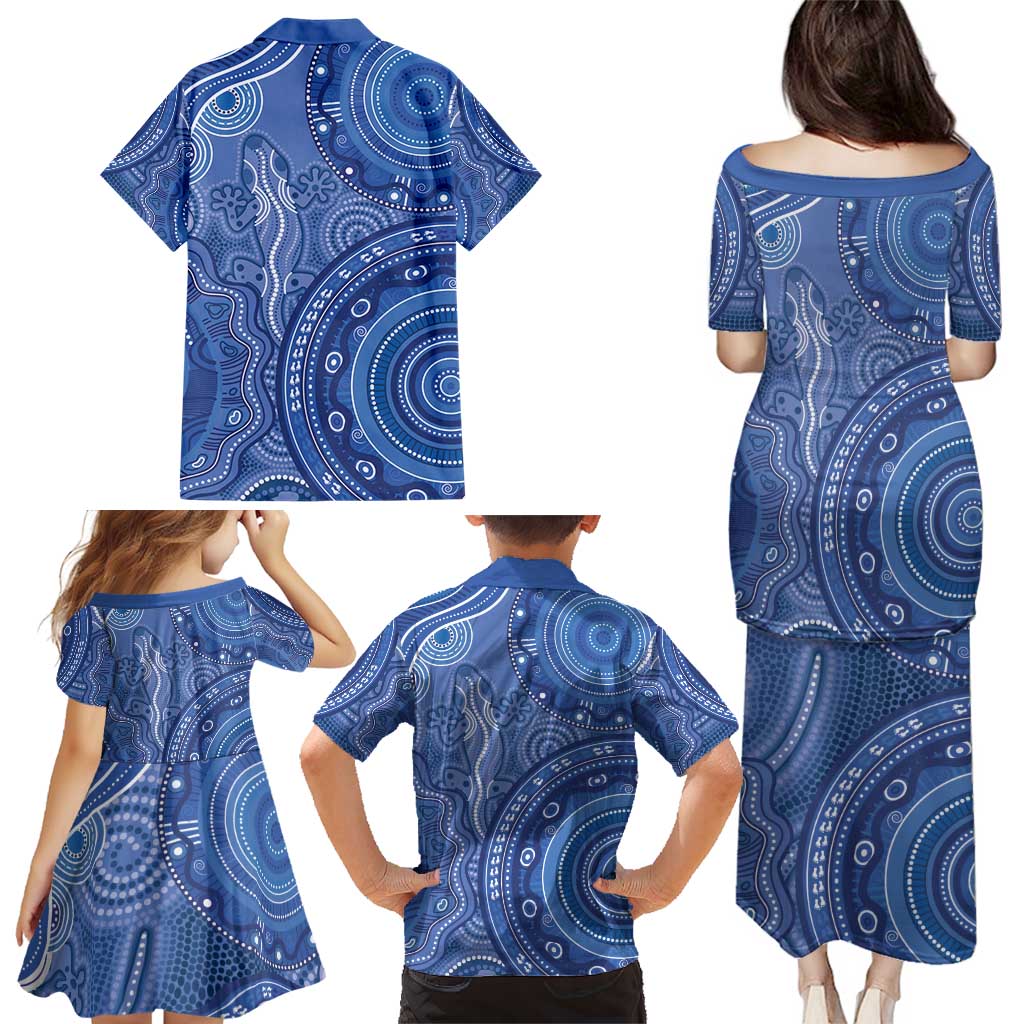 Australia Autism Awareness Family Matching Puletasi and Hawaiian Shirt Aboriginal Lizard Dot Painting