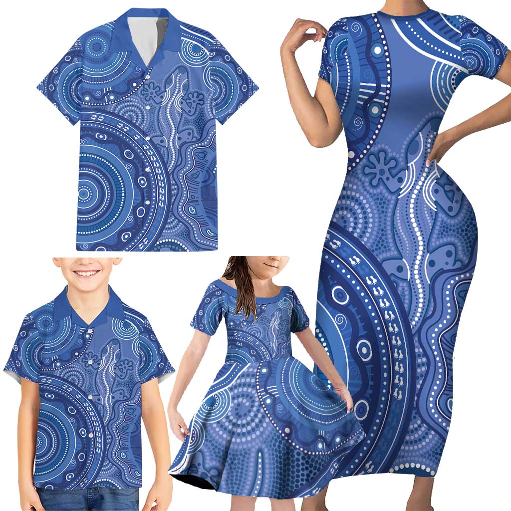 Australia Autism Awareness Family Matching Short Sleeve Bodycon Dress and Hawaiian Shirt Aboriginal Lizard Dot Painting