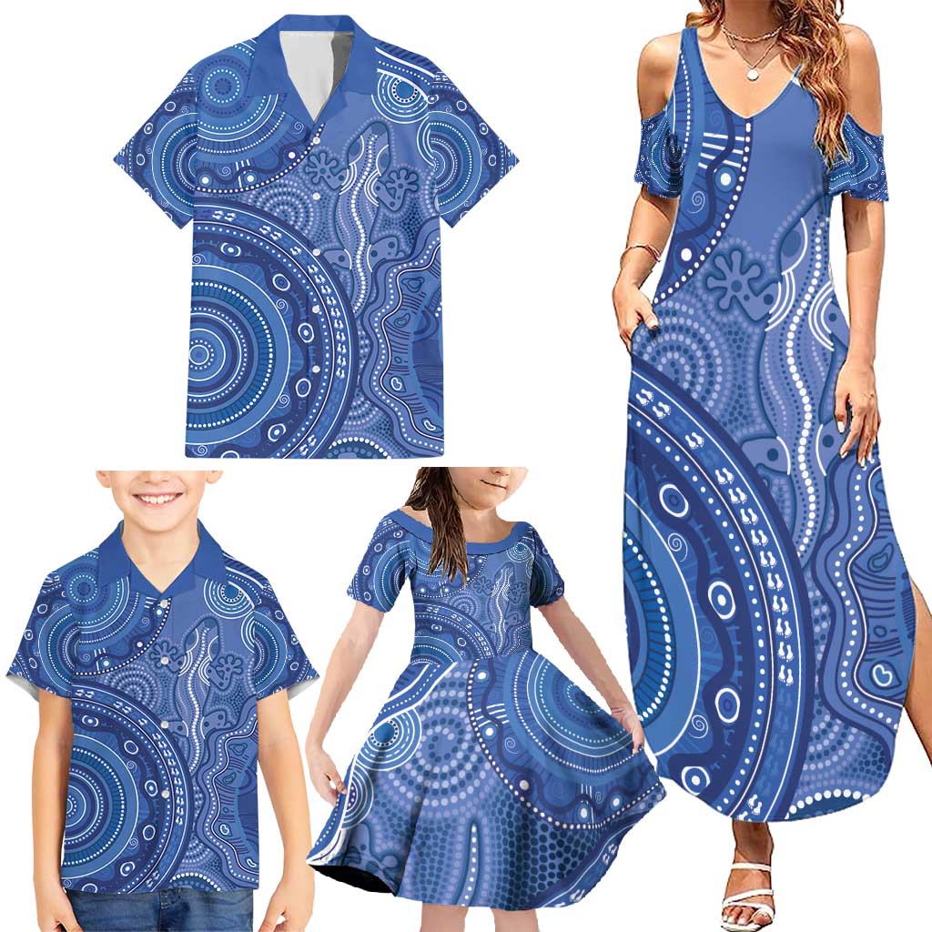 Australia Autism Awareness Family Matching Summer Maxi Dress and Hawaiian Shirt Aboriginal Lizard Dot Painting