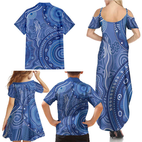 Australia Autism Awareness Family Matching Summer Maxi Dress and Hawaiian Shirt Aboriginal Lizard Dot Painting