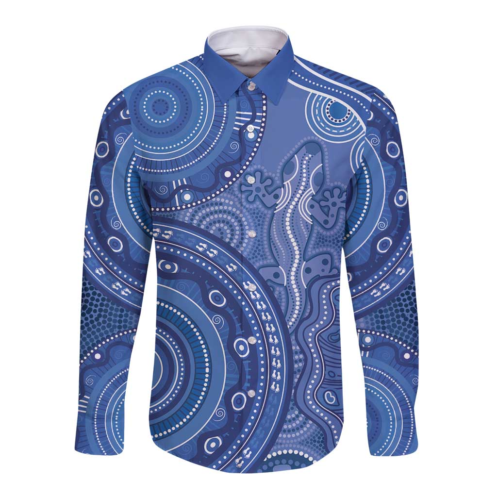 Australia Autism Awareness Long Sleeve Button Shirt Aboriginal Lizard Dot Painting
