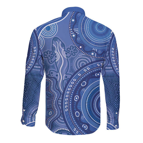 Australia Autism Awareness Long Sleeve Button Shirt Aboriginal Lizard Dot Painting