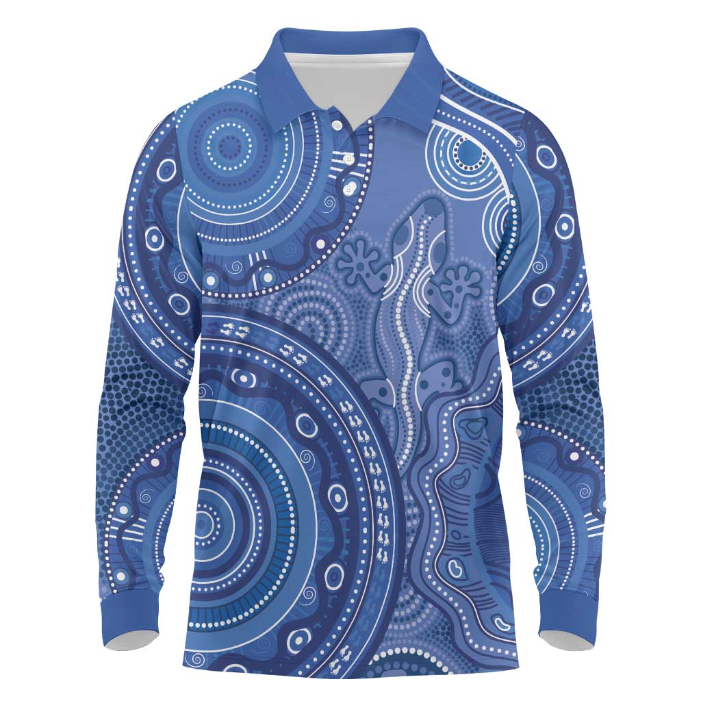 Australia Autism Awareness Long Sleeve Polo Shirt Aboriginal Lizard Dot Painting