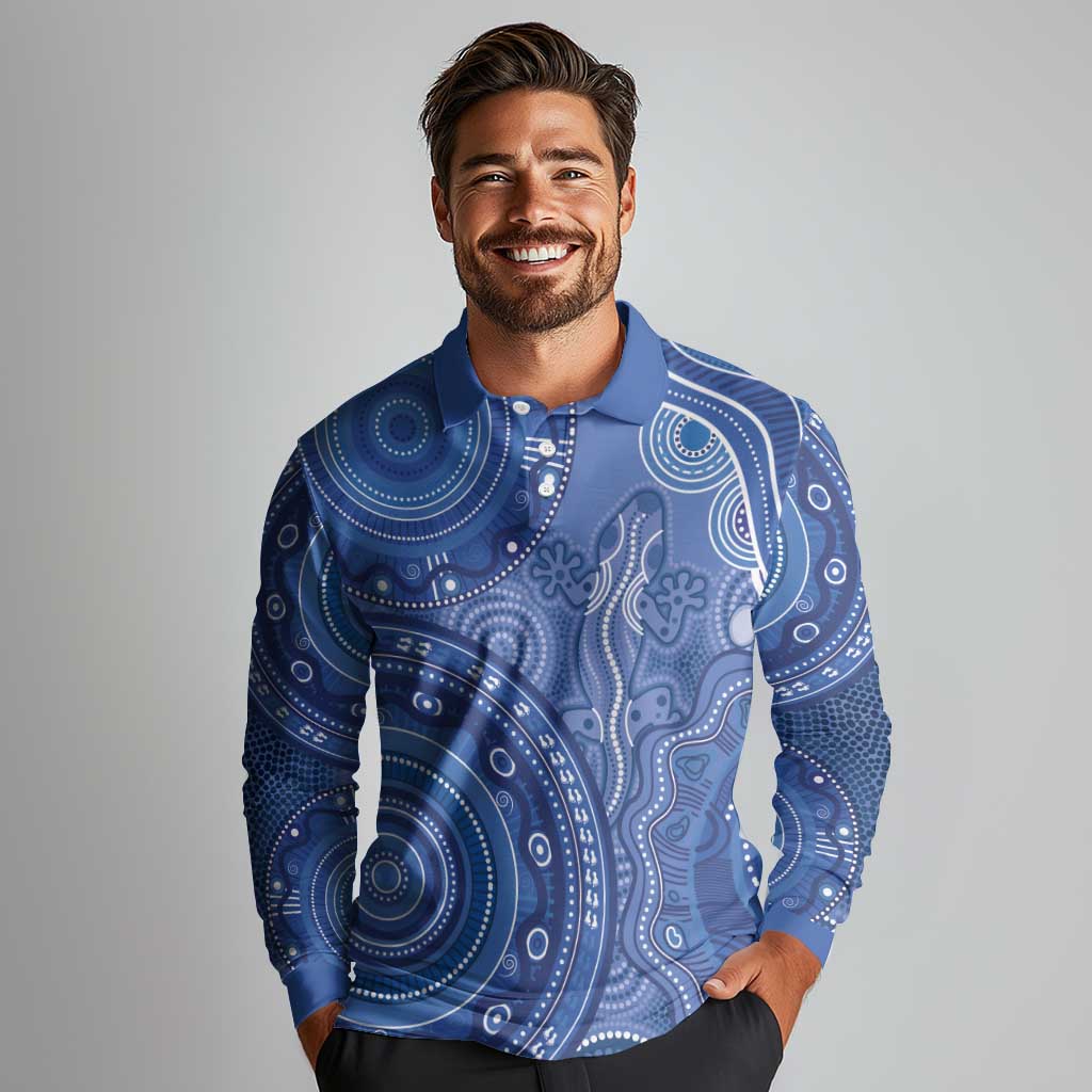 Australia Autism Awareness Long Sleeve Polo Shirt Aboriginal Lizard Dot Painting