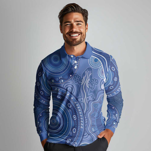 Australia Autism Awareness Long Sleeve Polo Shirt Aboriginal Lizard Dot Painting