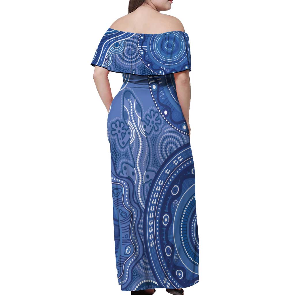 Australia Autism Awareness Off Shoulder Maxi Dress Aboriginal Lizard Dot Painting