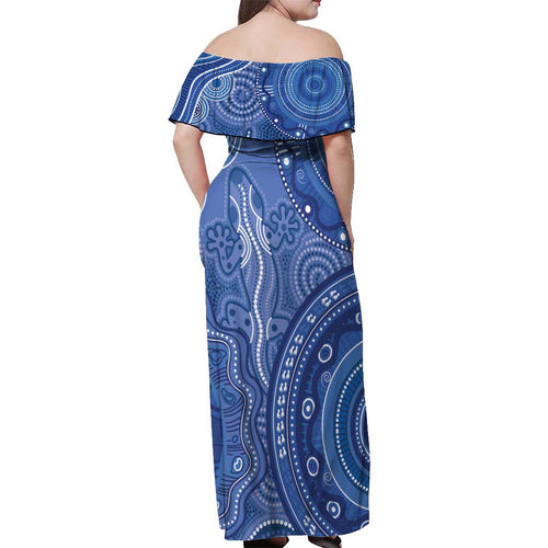 Australia Autism Awareness Off Shoulder Maxi Dress Aboriginal Lizard Dot Painting