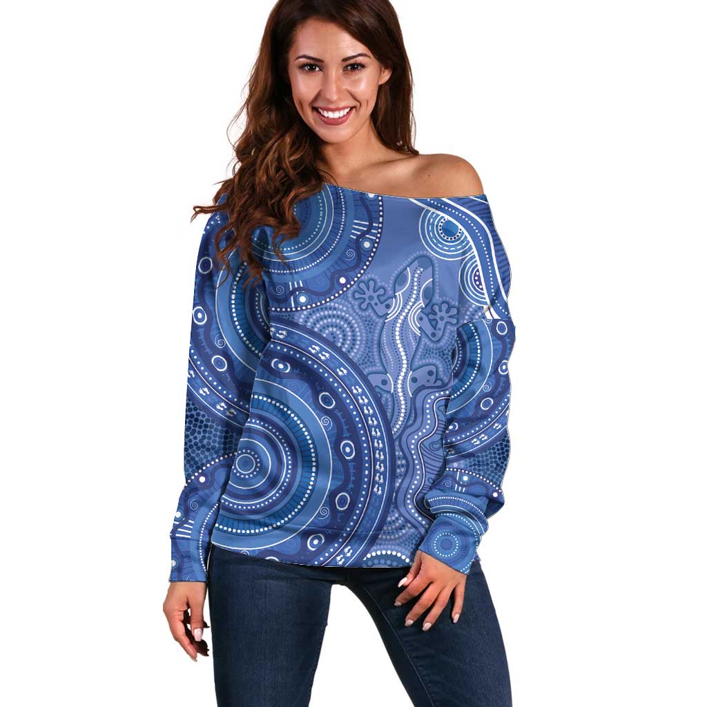 Australia Autism Awareness Off Shoulder Sweater Aboriginal Lizard Dot Painting