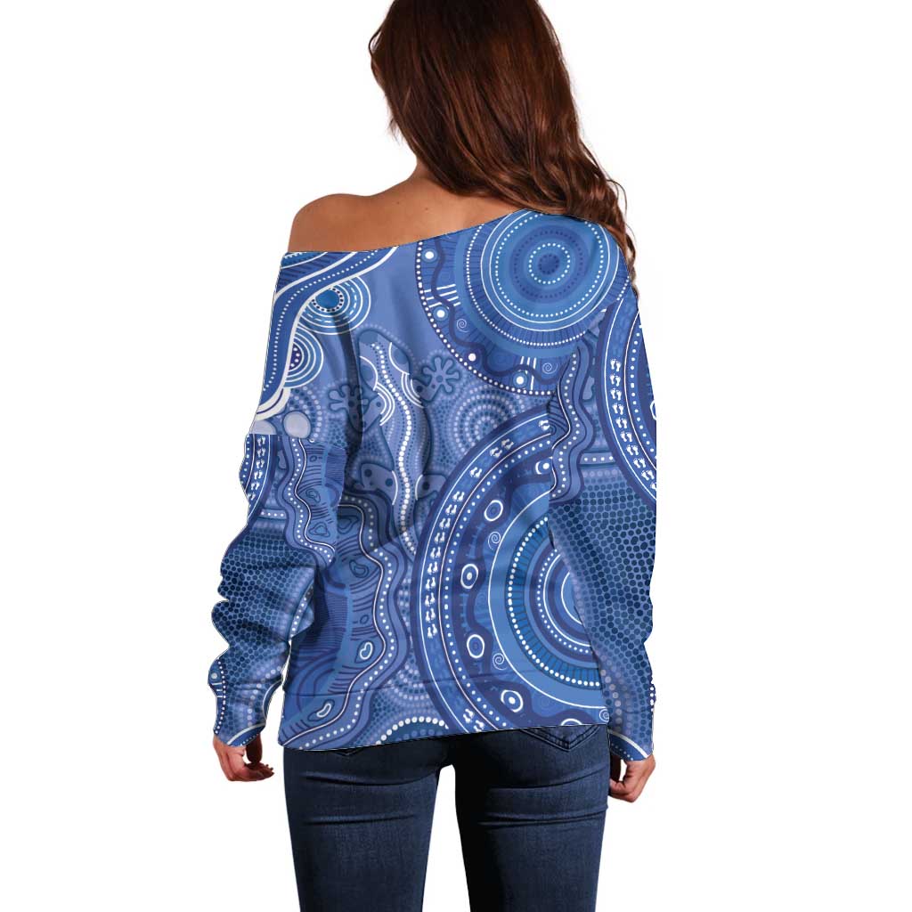 Australia Autism Awareness Off Shoulder Sweater Aboriginal Lizard Dot Painting