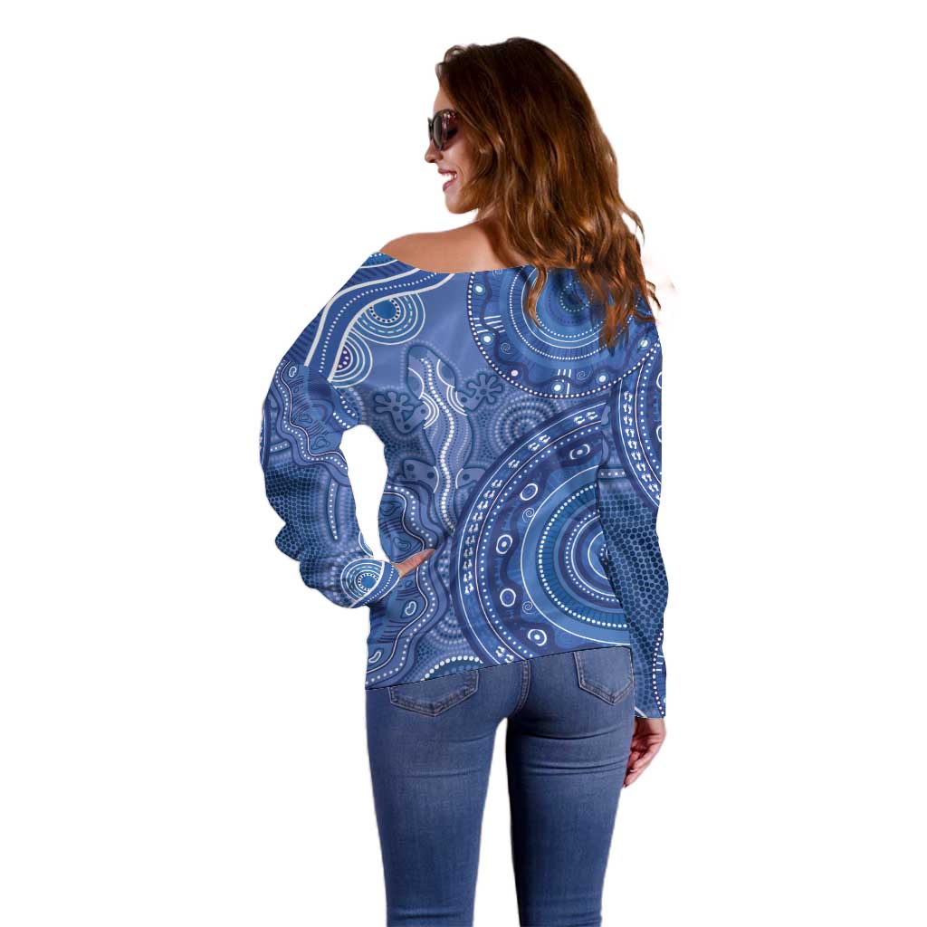 Australia Autism Awareness Off Shoulder Sweater Aboriginal Lizard Dot Painting